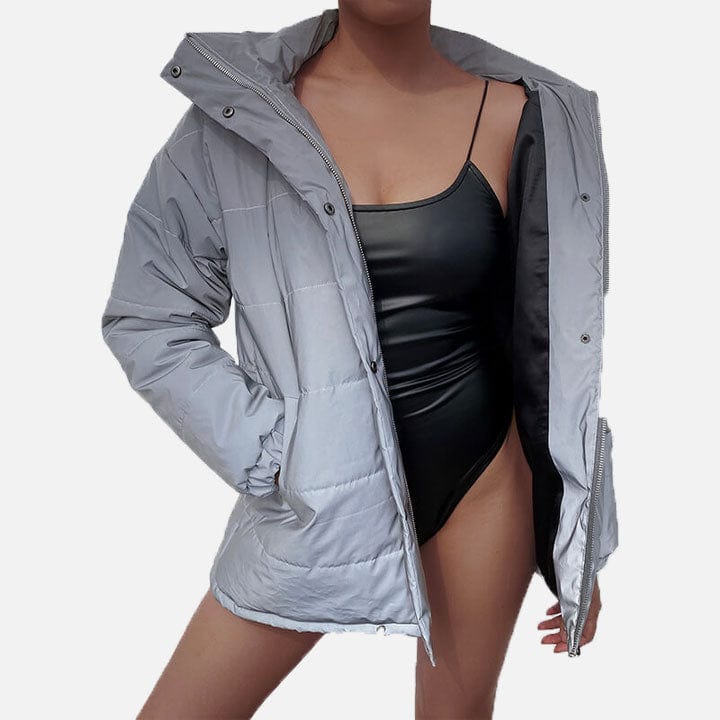 Women's Winter Reflective Overcoat Parka for running, walking, cycling at night.  Reflects car headlights for safety